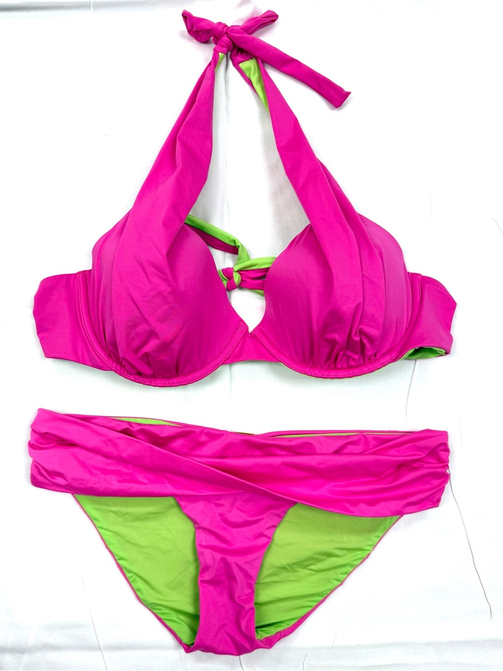 A Che Neon Pink Lime Green Bikini Set‎ Halter Push Up Swimwear Medium